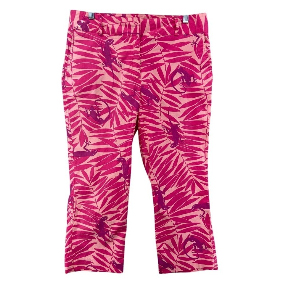 Lilly Pulitzer Pants‎ Womens Sz 12 Cropped Pink Lizard Palm Leaf Tropical Slim
